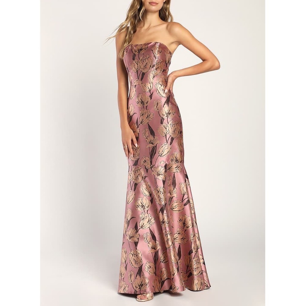 NWT Lulus Gowning Around Mauve Floral Jacquard Strapless Maxi Dress Small